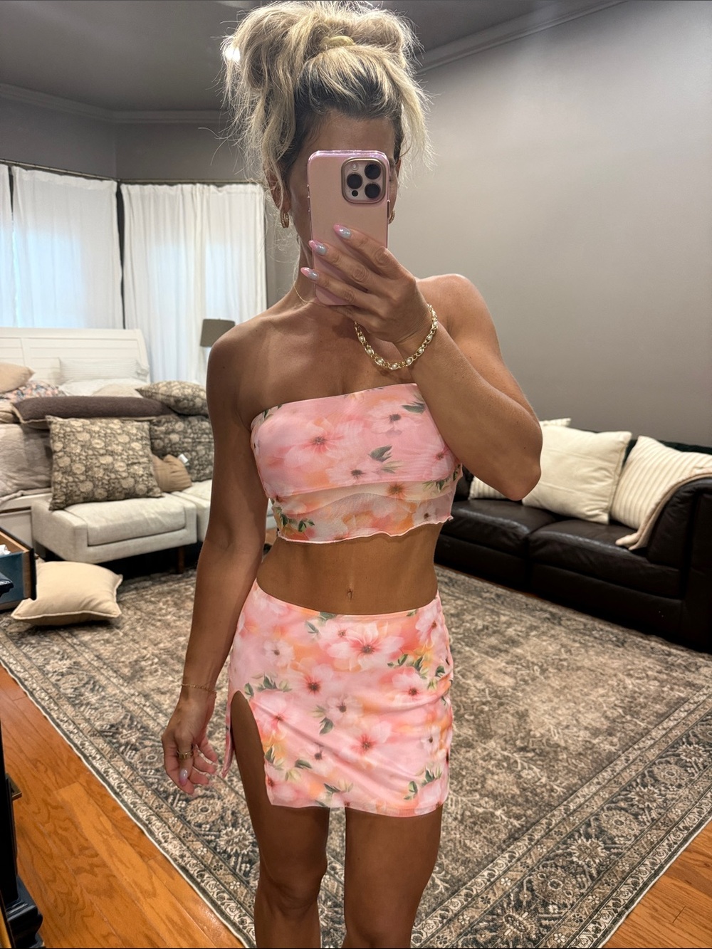 Floral Pink Strapless Mini Skirt - Two-Piece Set
